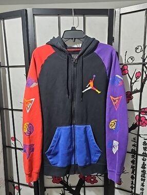 Jordan Black Zip Hoodie with Red and Purple Raglan Sleeves Size Medium